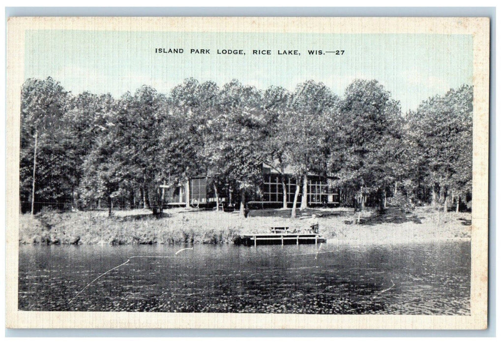 View Of Island Park Lodge Rice Lake Wisconsin WI Vintage Unposted Postcard