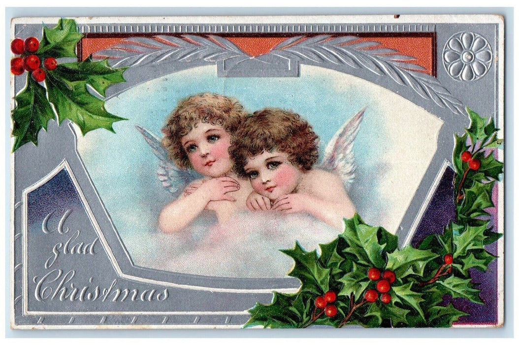 1908 Christmas Angel Cherubs Holly Berries Embossed Chicago Illinois IL Postcard