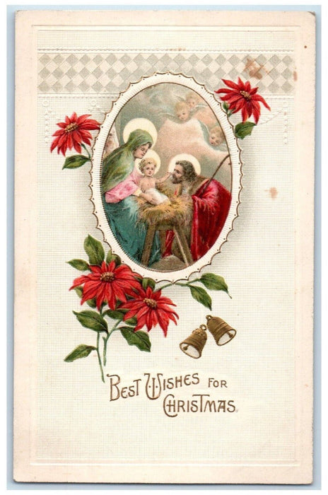 c1910's Christmas Poinsettia Flowers Jesus And Mary Religious Bells Postcard