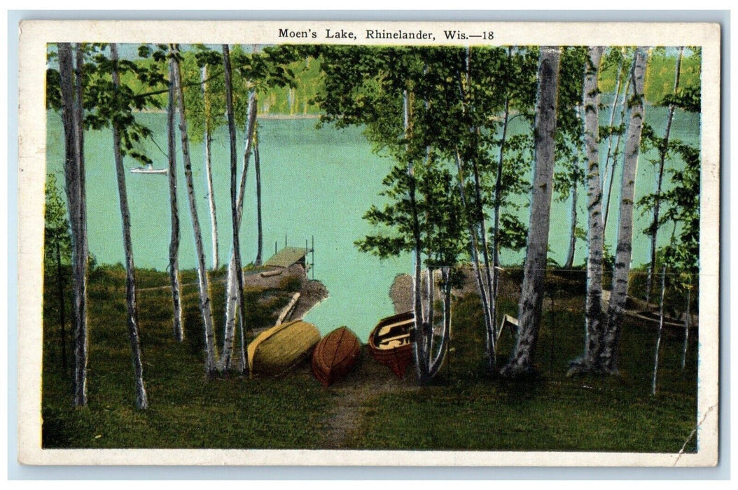 1932 View Of Moen's Lake Boat Scene Rhinelander Wisconsin WI Vintage Postcard