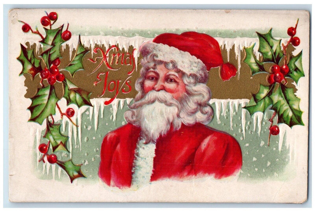 1910 Christmas Santa Claus Holly Berries Winter Embossed Chicago IL Postcard