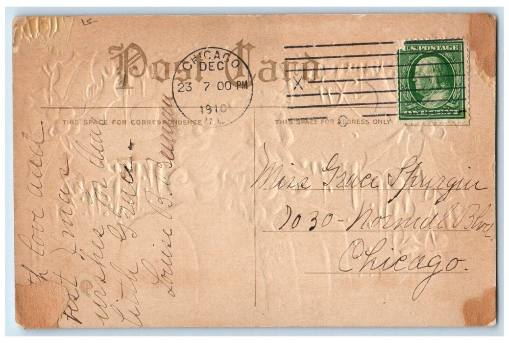 1910 Christmas Santa Claus Holly Berries Winter Embossed Chicago IL Postcard