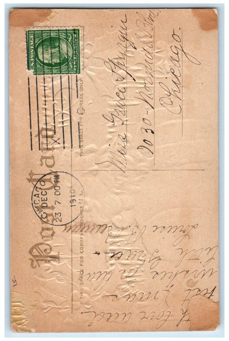 1910 Christmas Santa Claus Holly Berries Winter Embossed Chicago IL Postcard