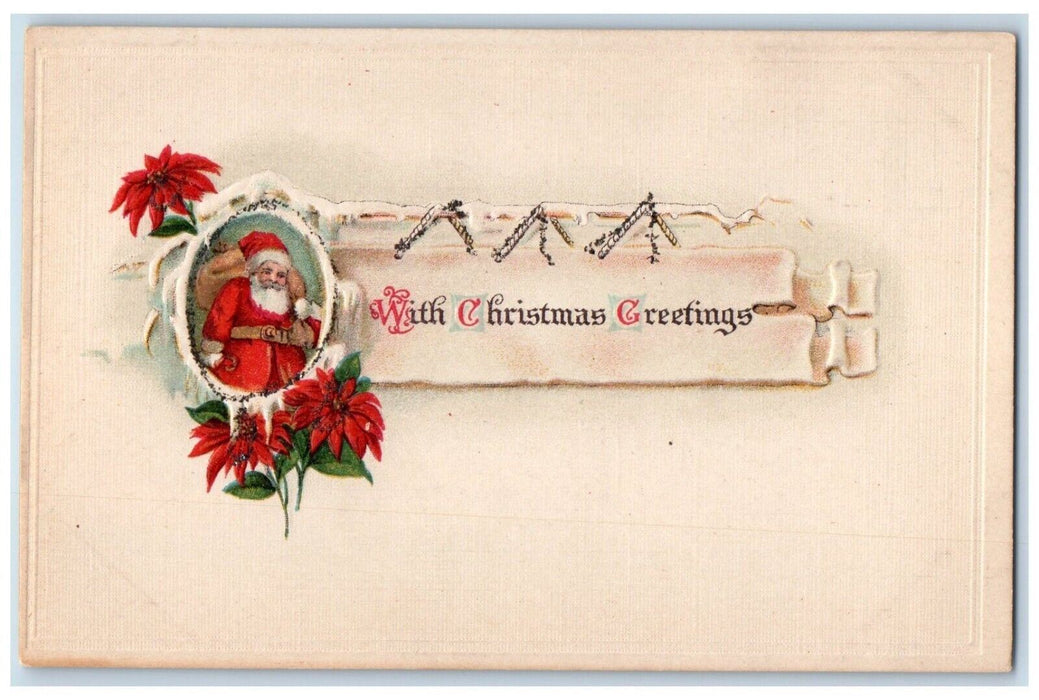 c1910's Christmas Greetings Santa Claus Poinsettia Flowers Winter Snow Postcard