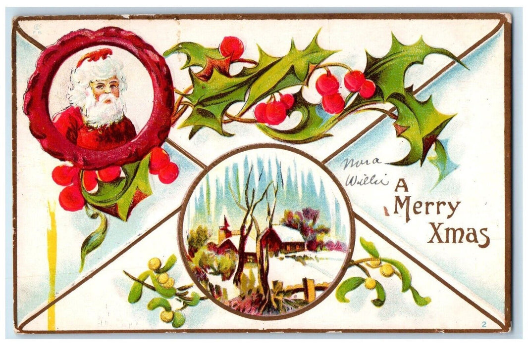 1910 Christmas Santa Claus Holly Berries House Winter Snow Embossed Postcard