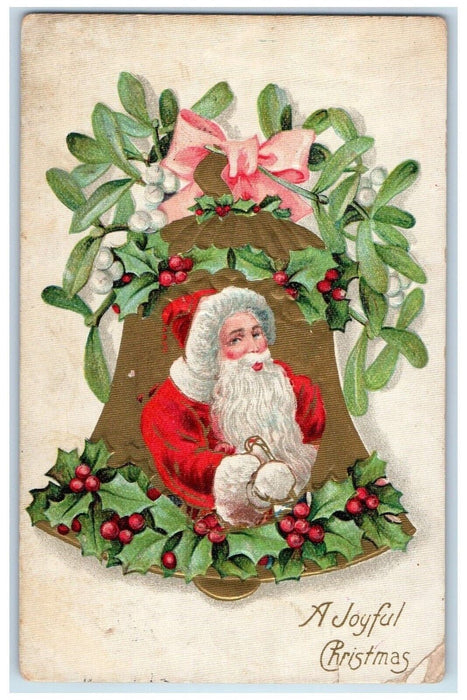 1909 Christmas Santa Claus Candy Cane Holly Bell Ribbon Chicago IL Postcard