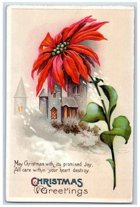 c1910's Christmas Greetings Poinsettia Flowers House Church Clapsaddle Postcard