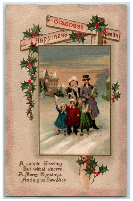 1912 Christmas Greetings Happy Family Gifts Holly Winter Freeport IL Postcard