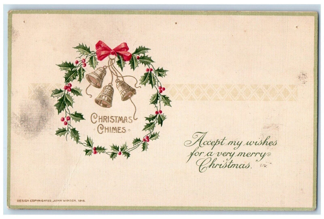 c1910's Christmas John Winsch Whreat Bells Red Ribbon Artist Signed Postcard