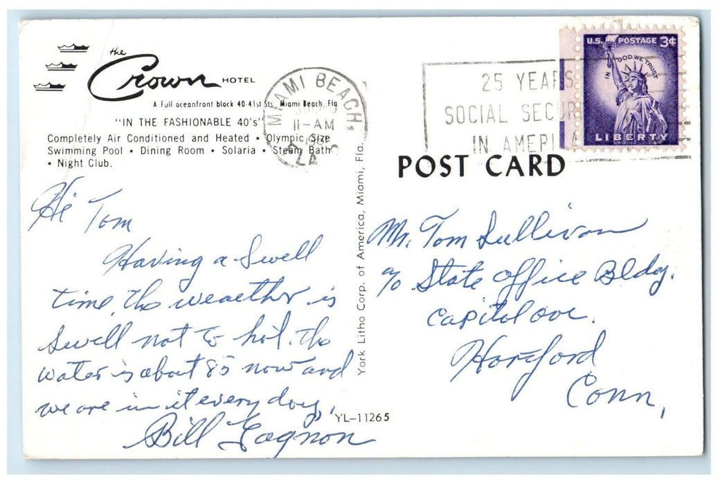 1961 Pool and Beach Sun Bathing The Crown Hotel Miami Florida FL Postcard