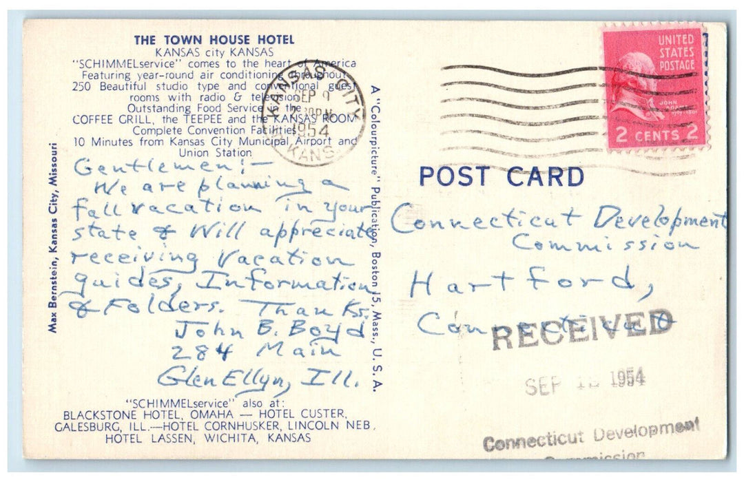 1954 Schimmelservice Town House Hotel Kansas City Kansas KS Postcard