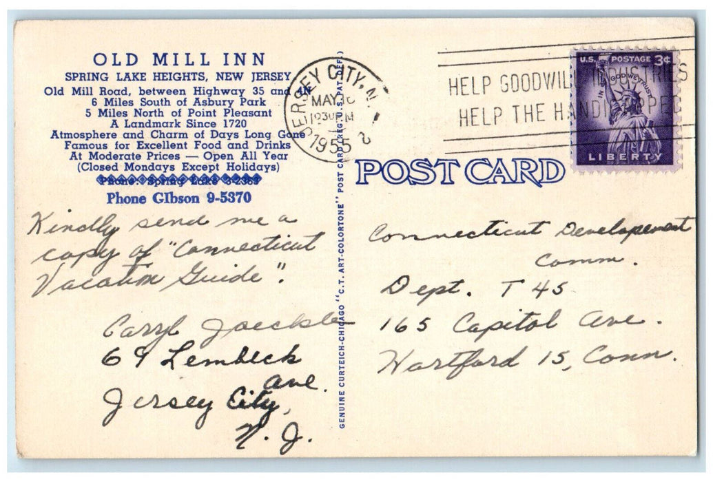 1955 Old Mill Inn Spring Lake Heights New Jersey NJ Vintage Posted Postcard