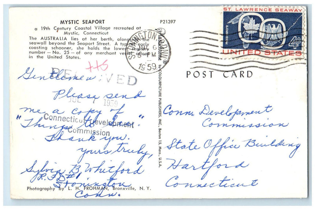 1959 Coaster Schooner Ship Mystic Seaport Mystic Connecticut CT Postcard