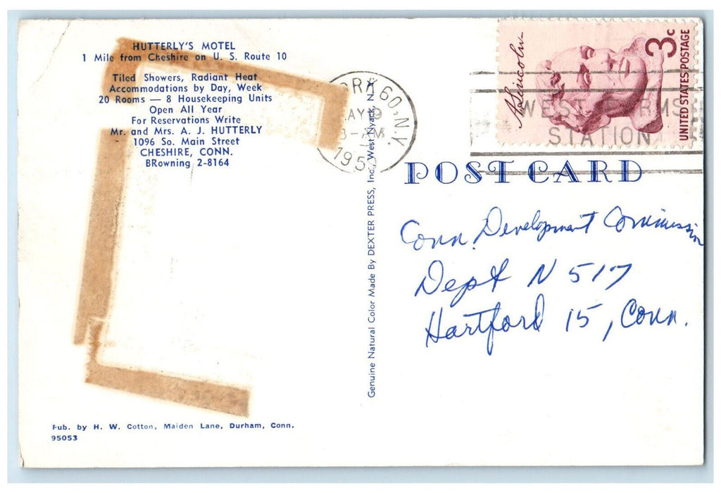 1959 Hutterly's Motel 1 Mile from Cheshire Connecticut CT Vintage Postcard