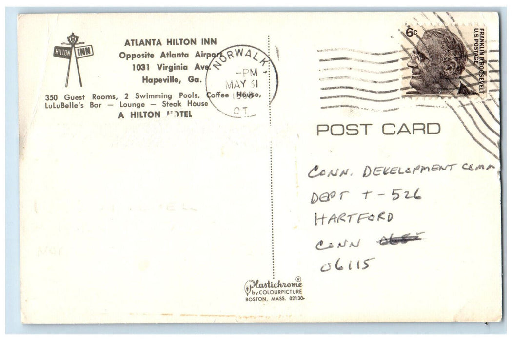 1968 Atlanta Hilton Inn Opposite Atlanta Airport Hapeville Georgia GA Postcard