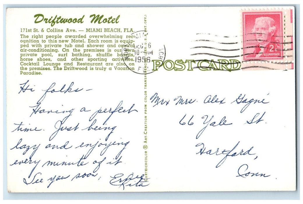 1956 Driftwood Motel 171st St. & Collins Ave Miami Beach Florida FL Postcard