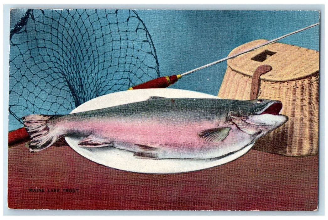 1954 Fishing Rod Net Big Fish Basket Maine Lake Trout Fort Kent ME Postcard