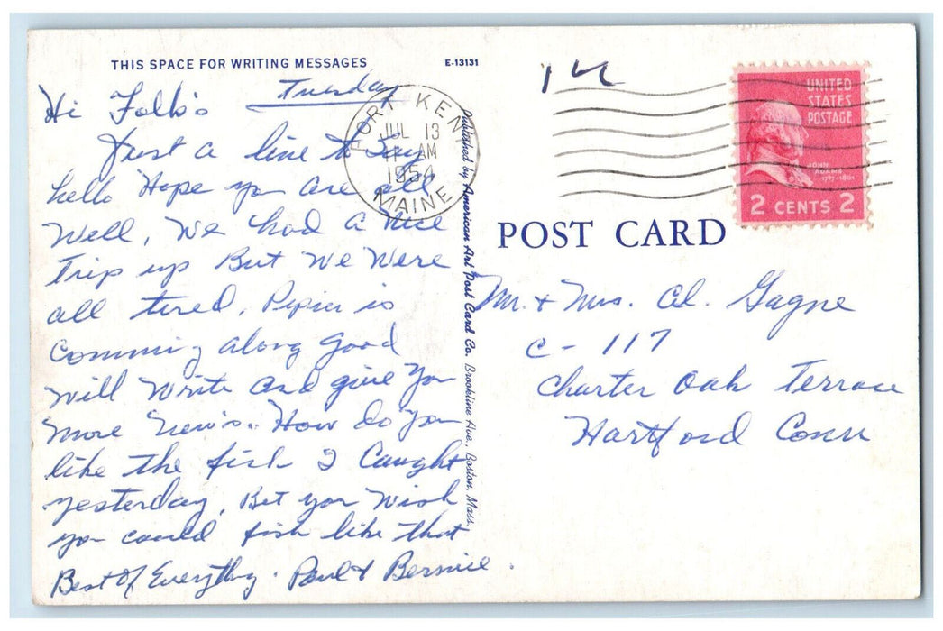 1954 Fishing Rod Net Big Fish Basket Maine Lake Trout Fort Kent ME Postcard