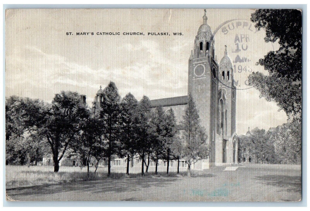 1948 ST. Mary's Catholic Church Exterior Scene Pulaski Wisconsin WI Postcard