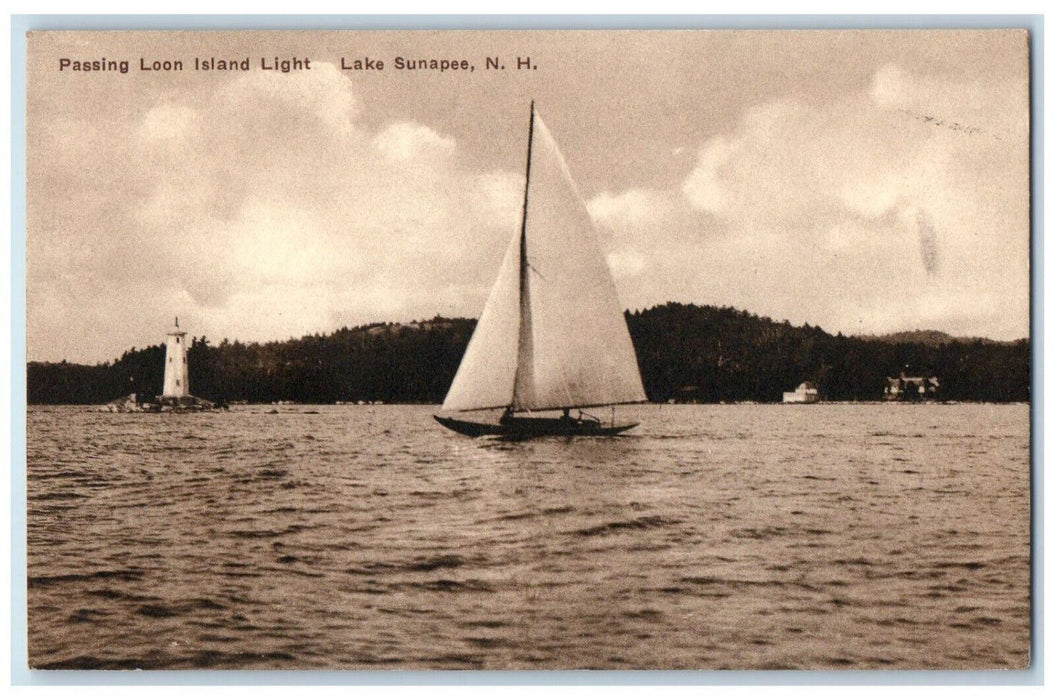 1939 Passing Loon Island Light Lake Sunapee New Hampshire NH Vintage Postcard