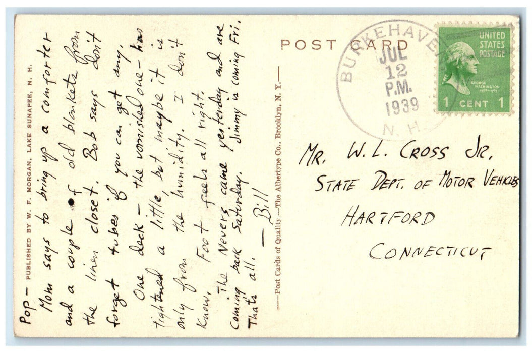 1939 Passing Loon Island Light Lake Sunapee New Hampshire NH Vintage Postcard