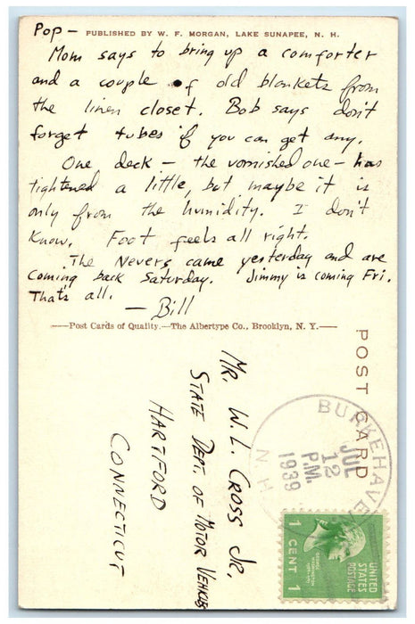 1939 Passing Loon Island Light Lake Sunapee New Hampshire NH Vintage Postcard