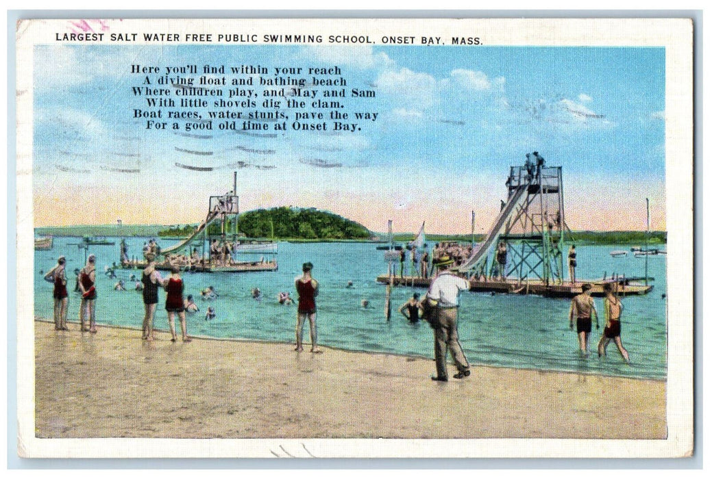 1938 Largest Salt Water Free Public Swimming School Onset Bay MA Postcard