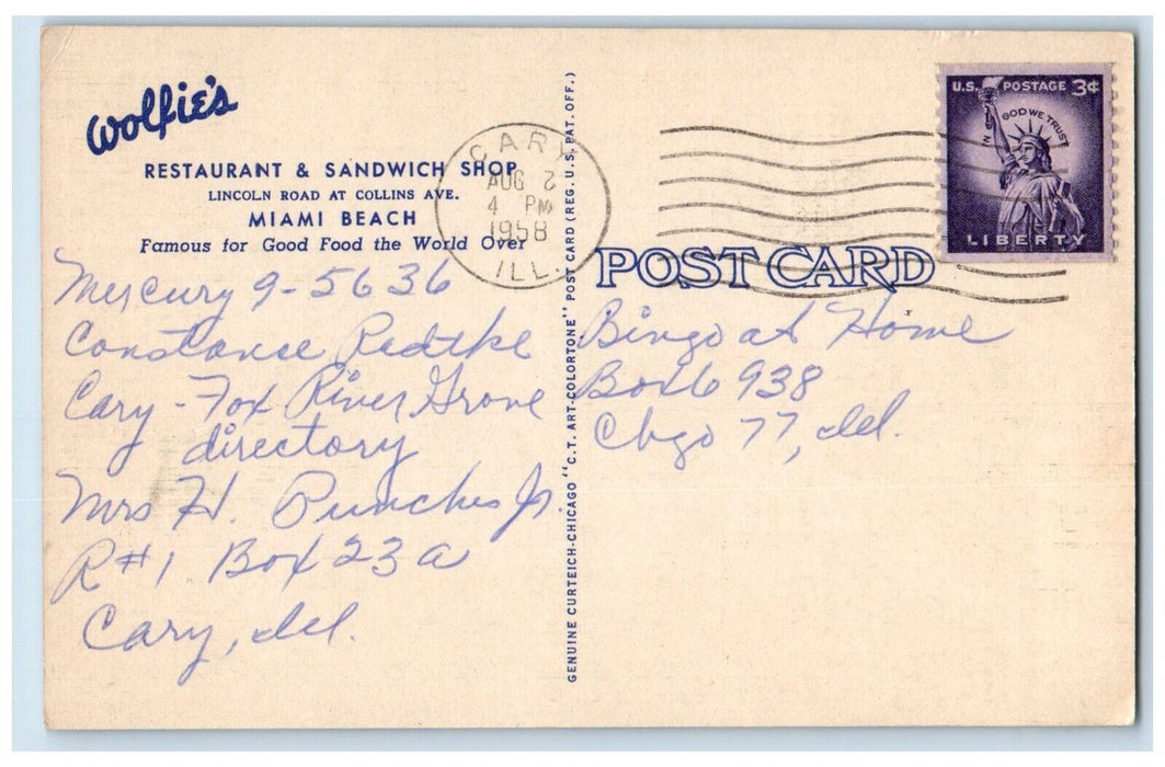 1958 Wolfies Restaurant Sandwich Shop Linclon Road Miami Beach Florida Postcard