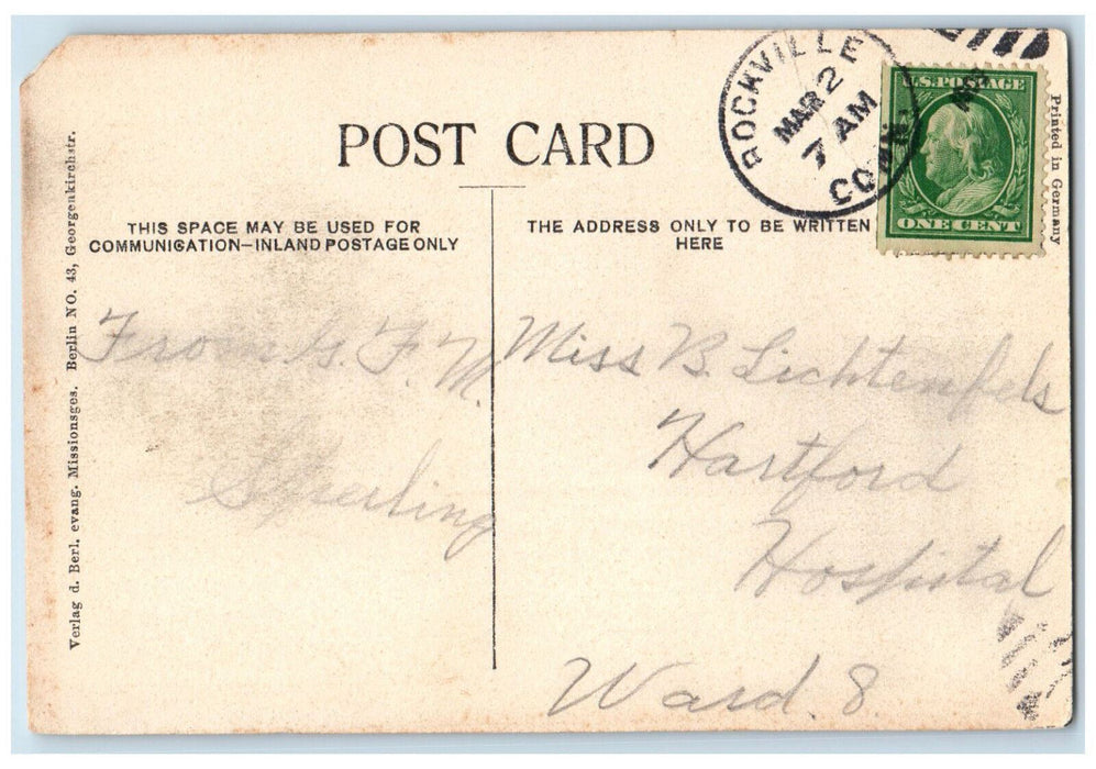 c1910 German Lutheran Church Rockville Connecticut CT Unposted Postcard