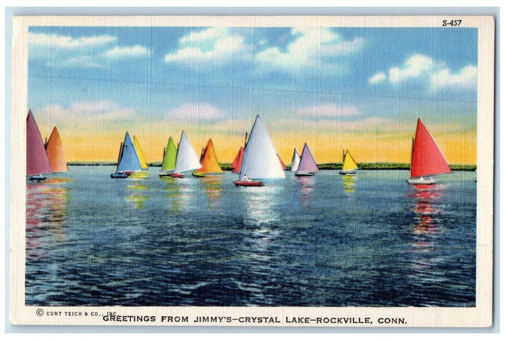 c1940's Colorful Boat Greetings from Jimmy's-Crystal Lake Rockville CT Postcard