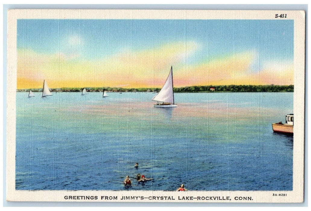 c1940s White Flag Boat Greetings from Jimmy's Crystal Lake Rockville CT Postcard