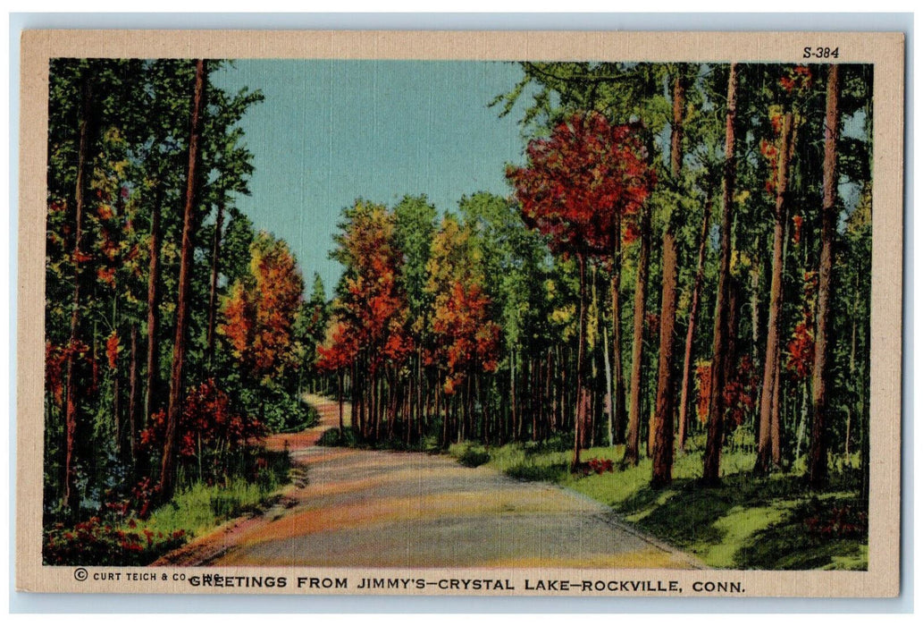 c1940's Trees Road Greetings from Jimmy's-Crystal Lake Rockville CT Postcard