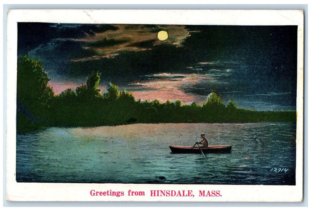 1934 Boat Paddling Moonlight Greetings from Hinsdale Massachusetts MA Postcard