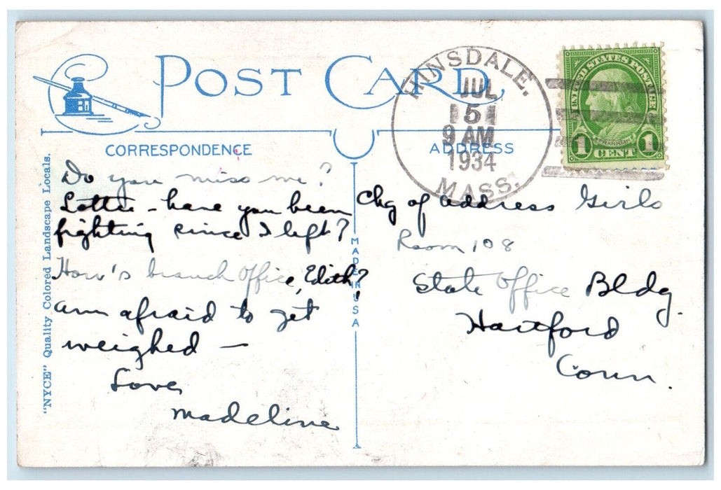 1934 Boat Paddling Moonlight Greetings from Hinsdale Massachusetts MA Postcard