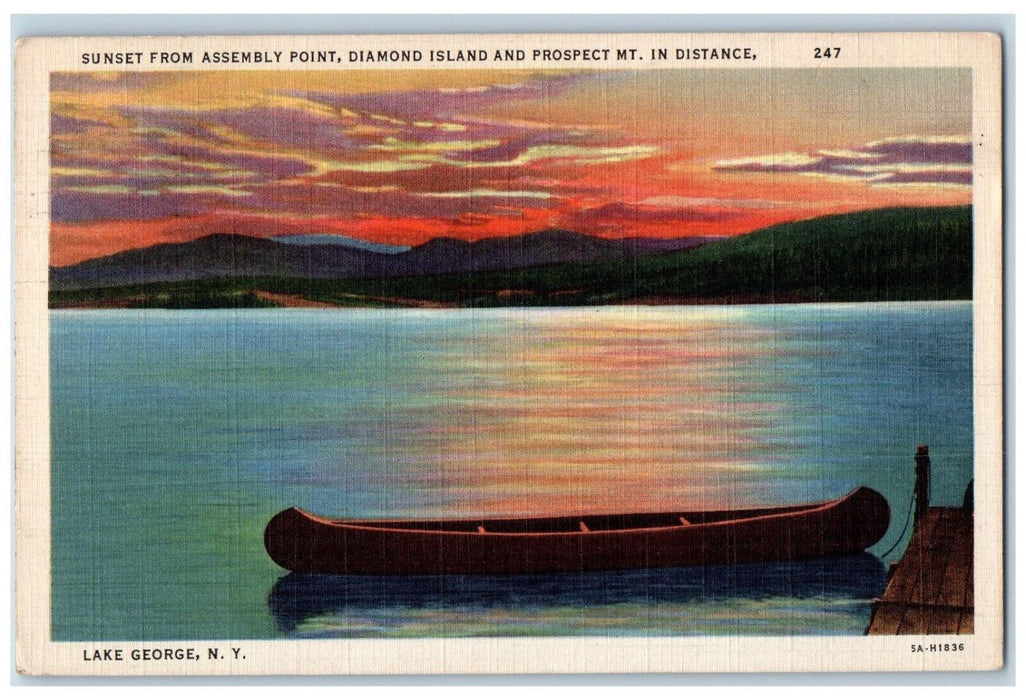 1936 Boat Scene Sunset from Assembly Point Lake George New York NY Postcard