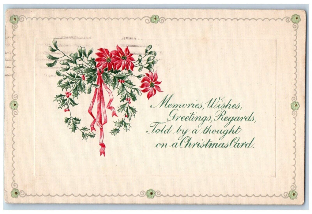 c1910's Christmas Poinsettia Flowers Holly Berries Winsch Back Embossed Postcard