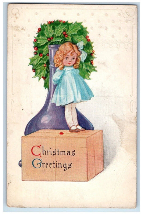 1917 Christmas Greetings Girl Standing Box Holly Winsch Back Embossed Postcard