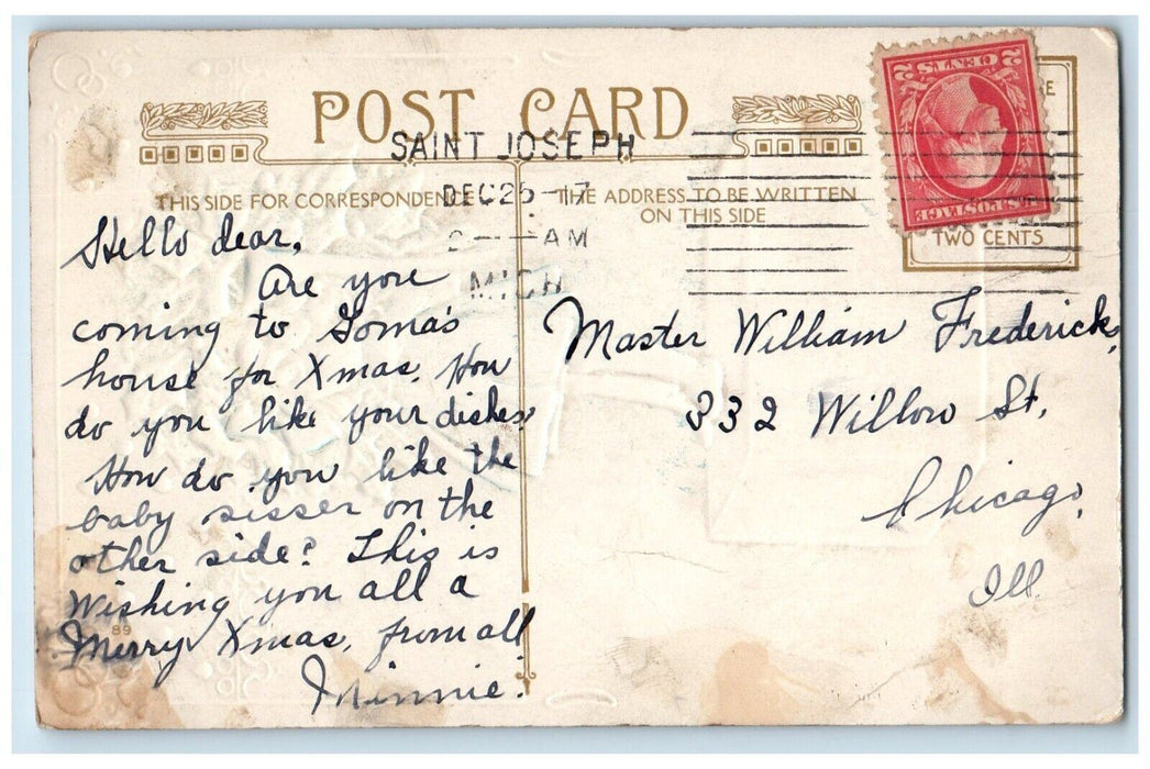 1917 Christmas Greetings Girl Standing Box Holly Winsch Back Embossed Postcard