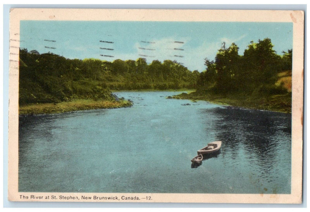 1960 Boat Scene The River at St. Stephen New Brunswick Canada Postcard