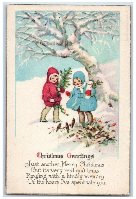 c1920's Christmas Greetings Boy Girl Holly Berries Winter Snow Vintage Postcard
