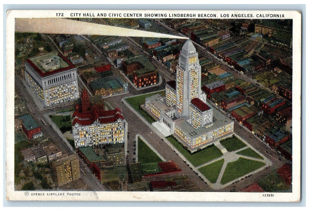 1930 City Hall Civic Center Lindbergh Beacon Los Angeles California CA Postcard