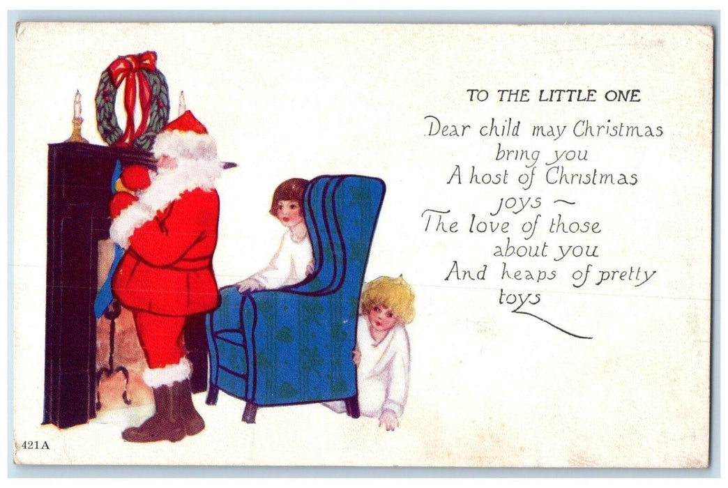 1924 Christmas Santa Claus Putting Toys Stocking Children Hiding Posted Postcard