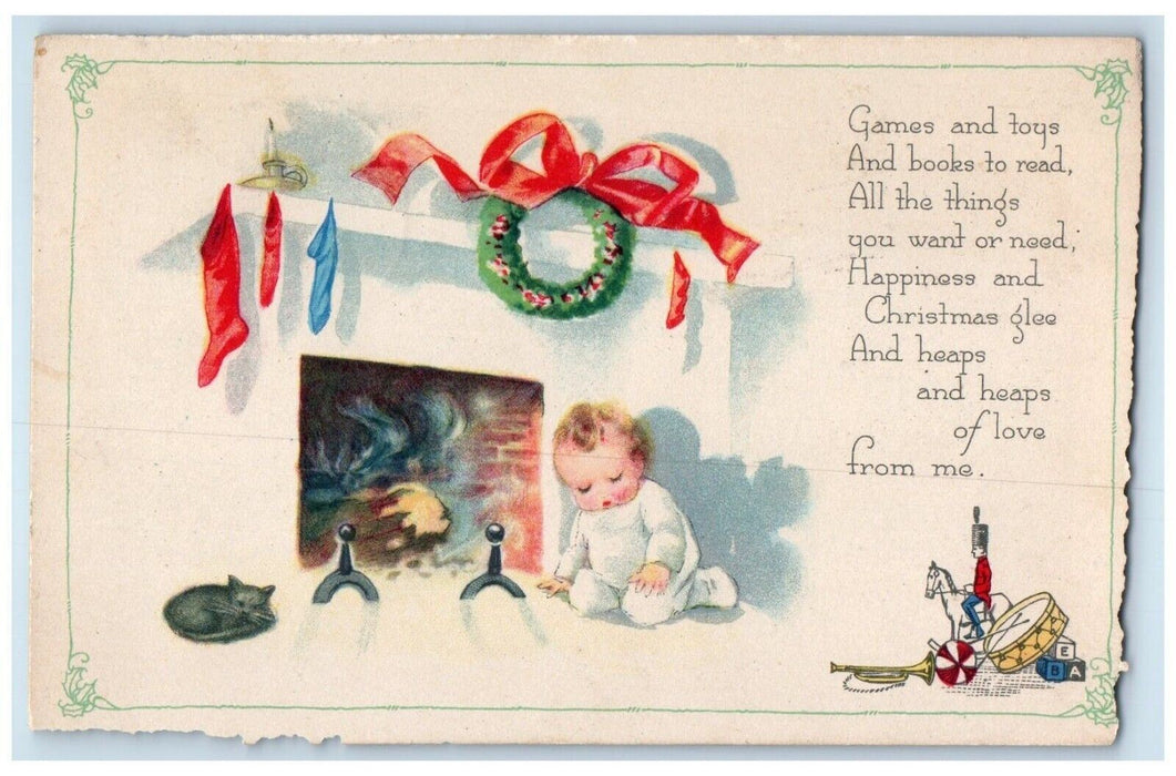 Christmas Toddler Sleeping Fireplace Stockings Whreat Cat Toys Gibson Postcard