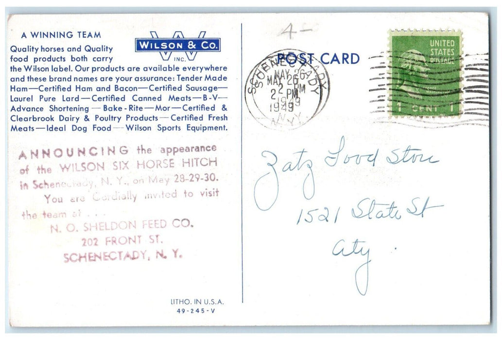 1949 Wilson Six Horse Hitch Clydesdales Horse Royalty Schenectady NY Postcard