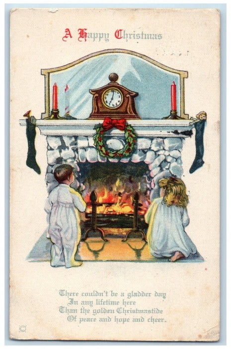 1922 Christmas Girl Boy Fireplace Stockings Whreat Clock Newark NJ Postcard