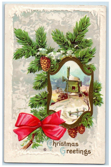 c1910's Christmas Greetings Pine Cones Snow Windmill Winter Snow Posted Postcard