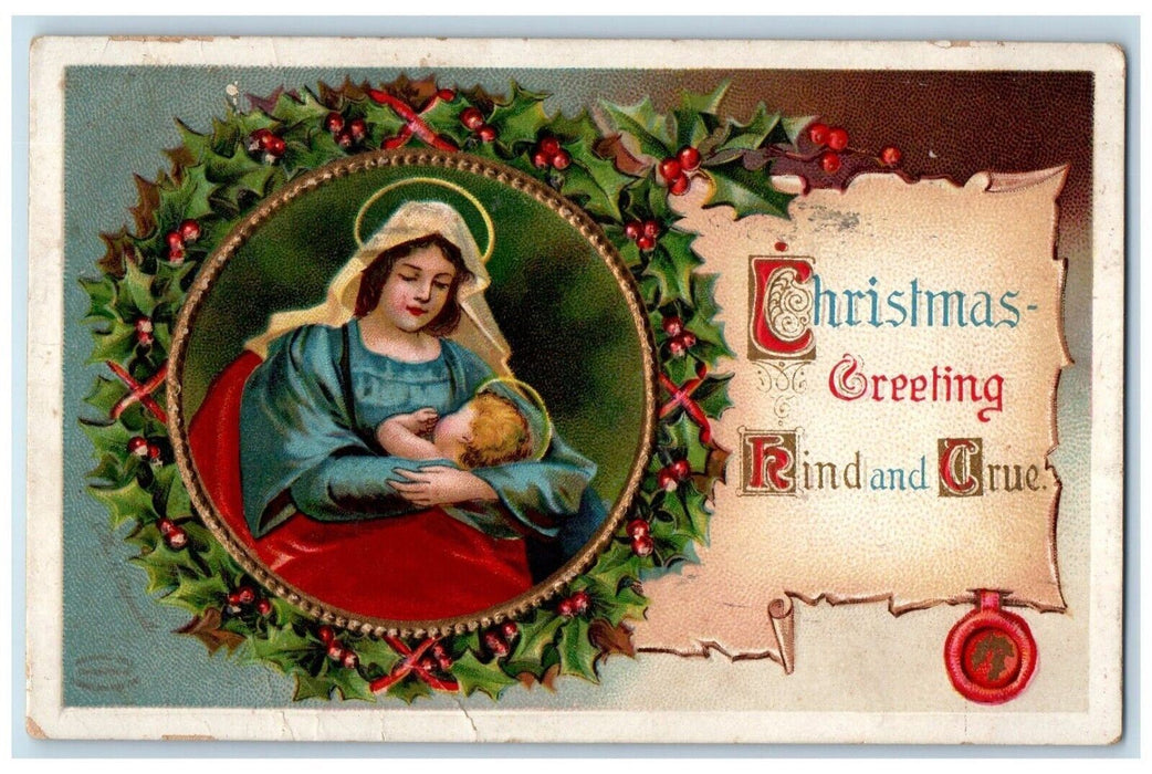 1914 Christmas Greetings Religious Holly Whreat Clapsaddle Lancaster PA Postcard