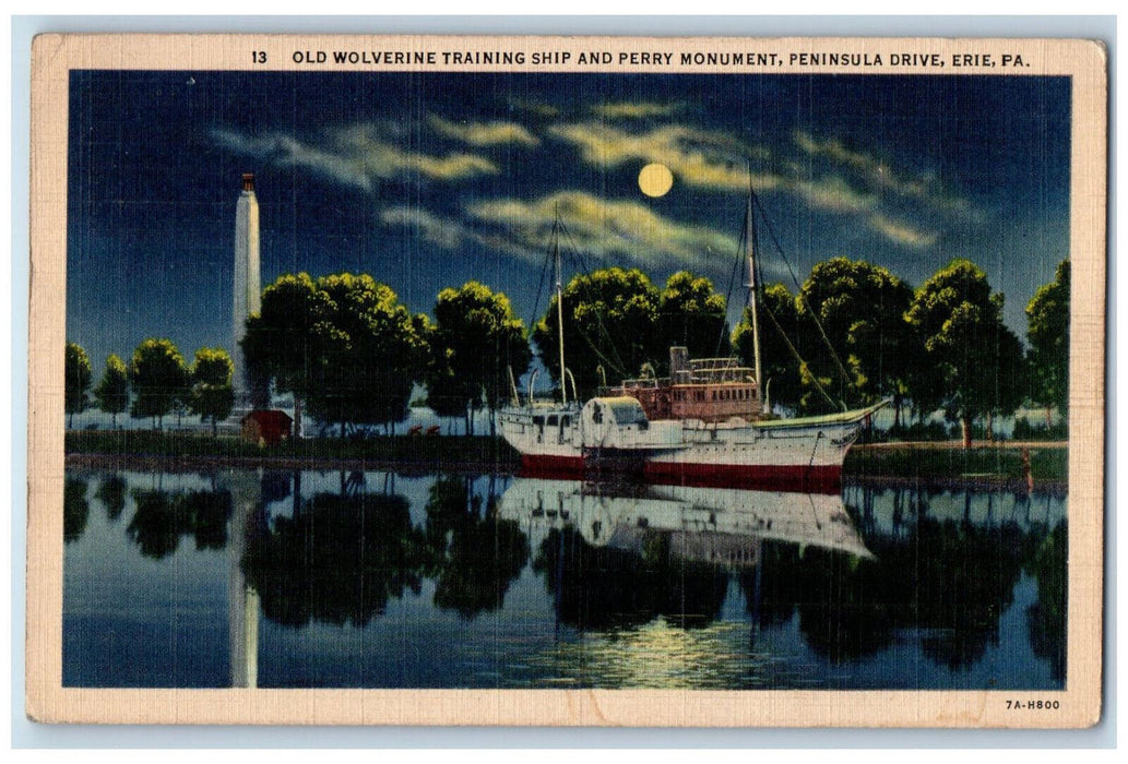 1937 Old Wolverine Training Ship Perry Monument Moonlight Erie PA Postcard