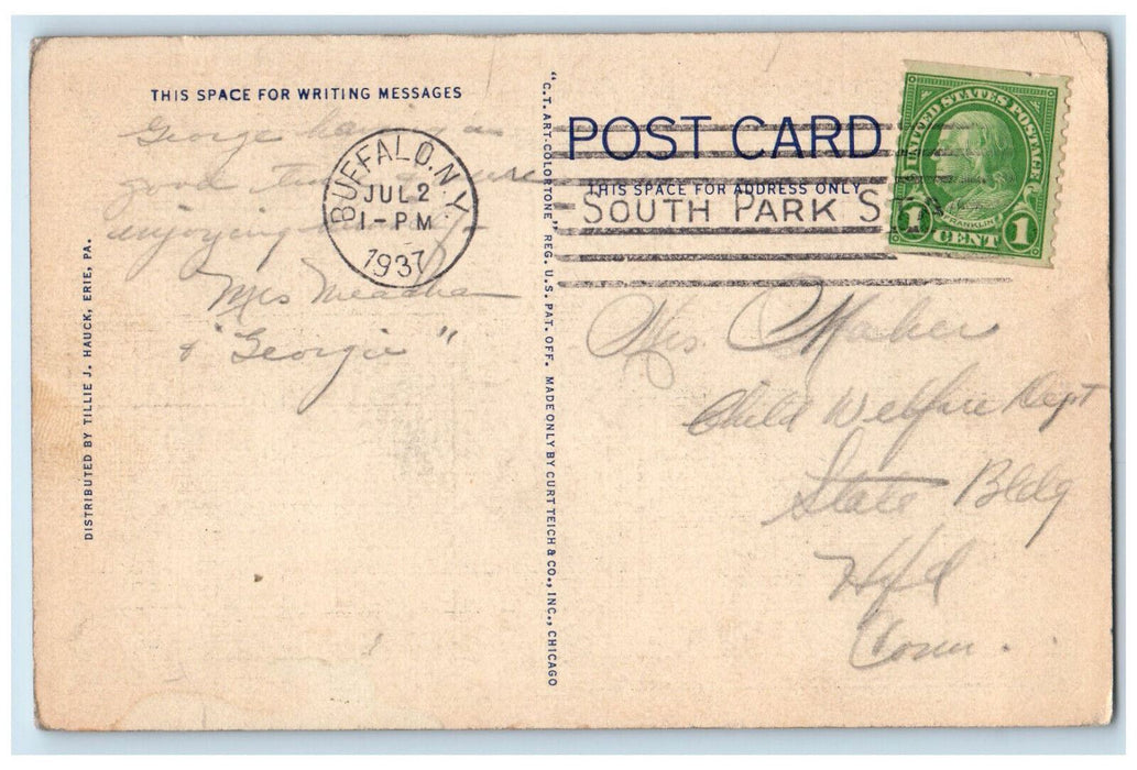1937 Old Wolverine Training Ship Perry Monument Moonlight Erie PA Postcard