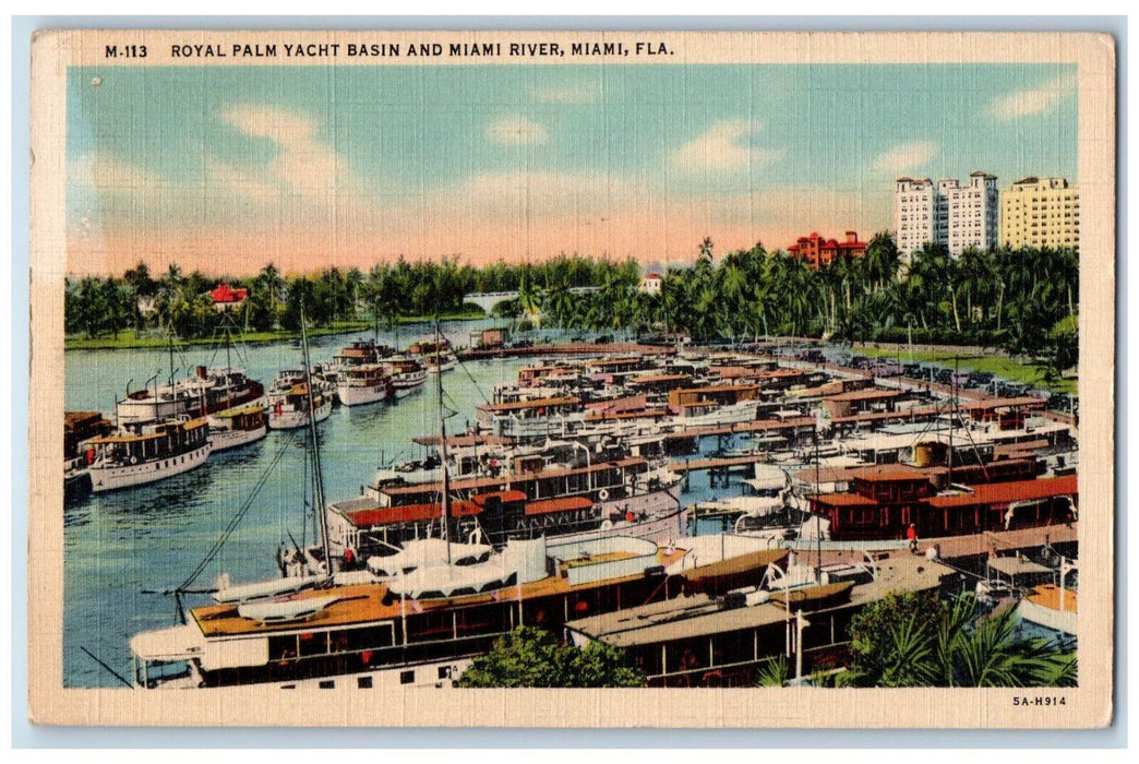 1938 Royal Palm Yacht Basin and Miami River Miami Florida FL Postcard
